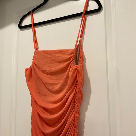 Orange stretchy cinched form fitting maxi dress, spaghetti strap - Picture 2 of 2